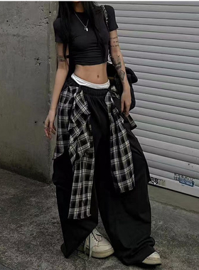 美式辣妹可拆卸屁帘工装裤双腰头字母印花休闲裤黑色可束脚工装裤