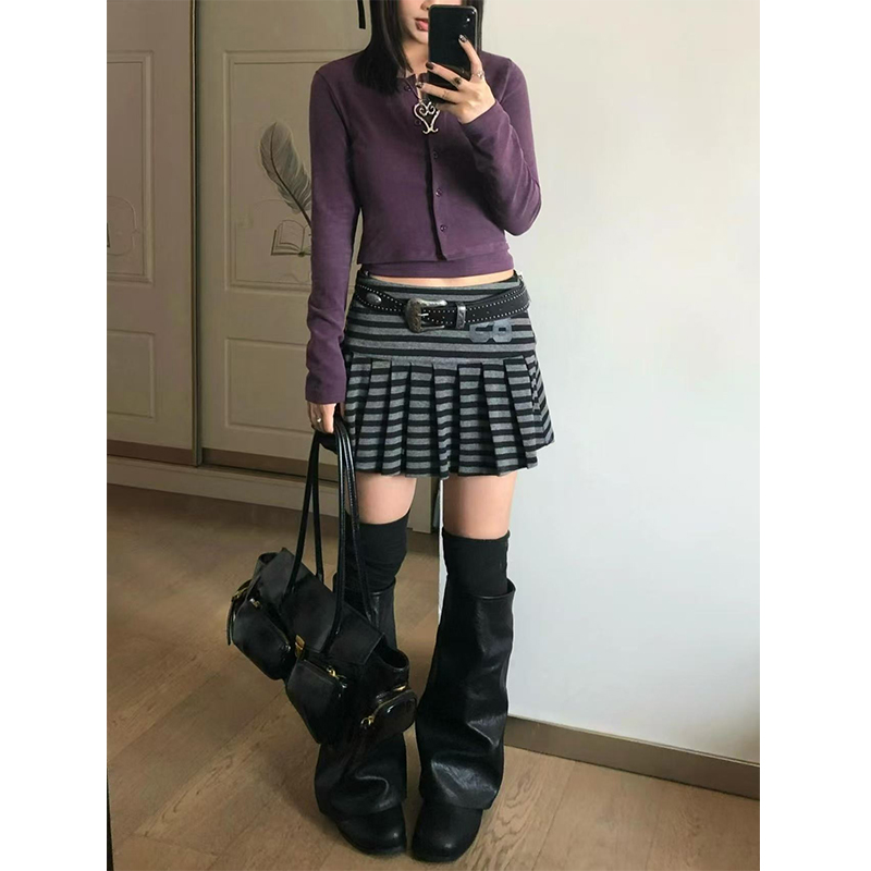 美式复古灰色字母印花条纹百褶半身裙2025秋冬新款时尚修身短裙女