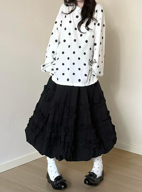 美式复古黑色花苞设计感半身裙女2025年秋冬新款小众时尚百搭长裙