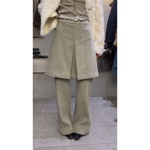 街头宽松直筒长裤 美式 女冬季 裙裤 复古绿色休闲屁帘拼接假两件西装