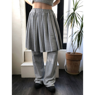 宽松小众百褶裙叠穿慵懒风阔腿裤 女冬新款 子 复古灰色休闲裙裤 美式