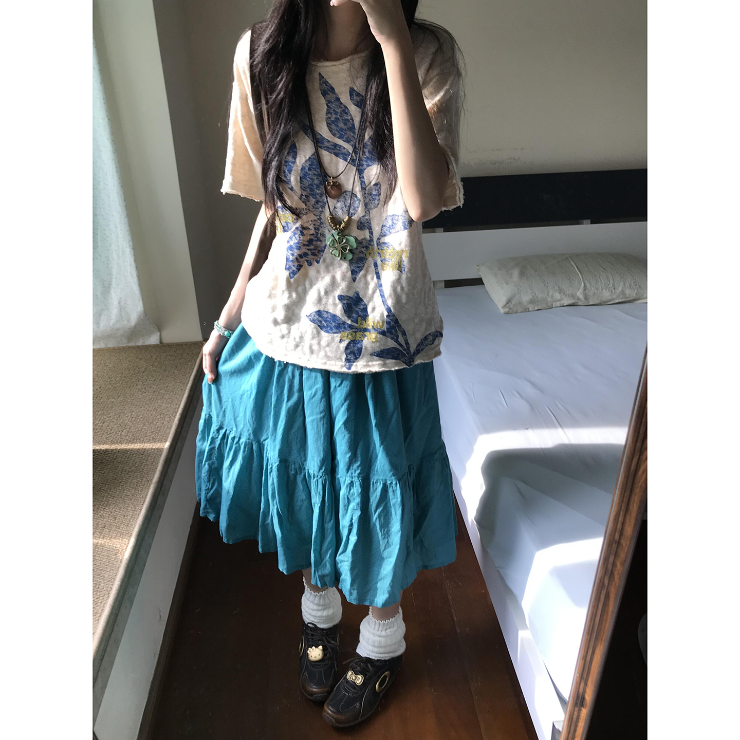 小众设计孔雀蓝古着中裙A字半身