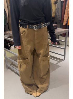 美式复古卡其色工装牛仔裤女冬新款水洗大口袋松弛感宽松阔腿裤子