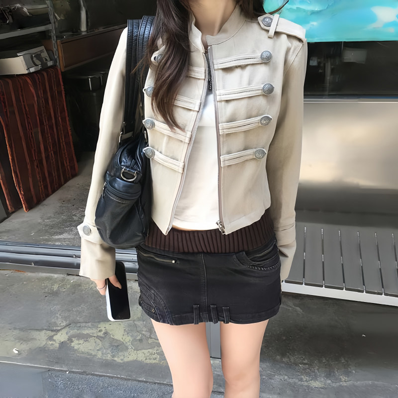 甜酷风短款工装外套女复古军装风金属扣拉链小个子杏色修身夹克潮