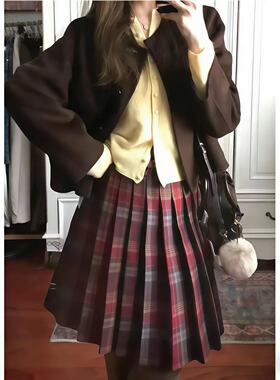 美式复古红色格纹百褶半身裙女冬季小个子慵懒修身显瘦A字中长裙