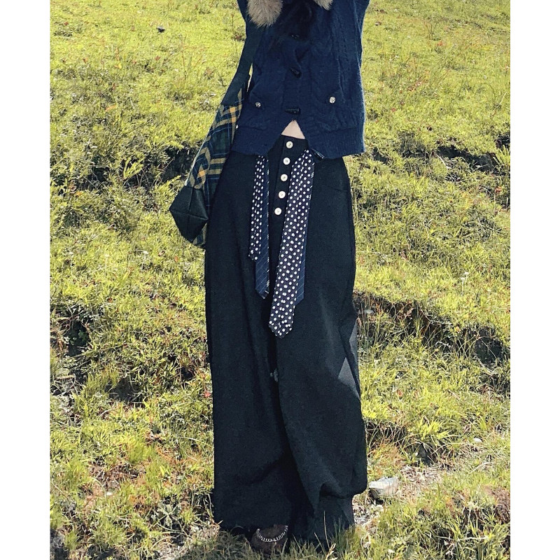 美式复古可拆卸波点腰带黑色裤子女春秋新款松弛感宽松显瘦阔腿裤,女装/女士精品,休闲裤,淘宝优惠券,粉丝福利购,淘宝优惠卷