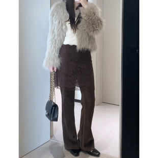 设计感咖色裤 美式 辣妹时尚 女春秋新款 子 复古蕾丝镂空屁帘休闲裙裤