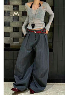 美式复古灰色排扣打褶休闲长裤子2025秋冬新款宽松显瘦弯刀阔腿裤