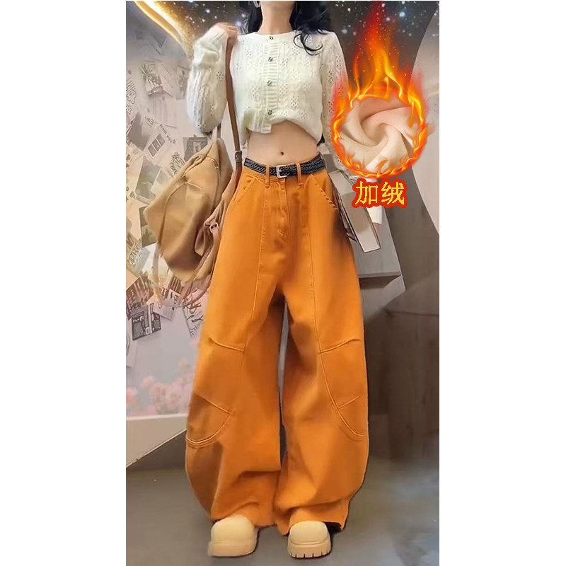 韩系慵懒高级感橘色加绒牛仔裤