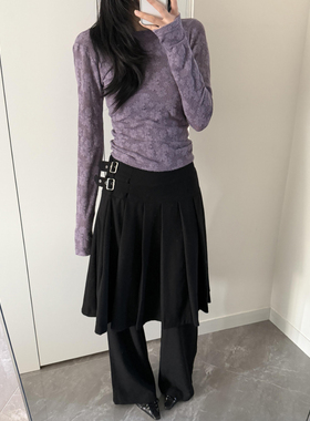 美式复古屁帘黑色休闲裙裤女冬新款叠穿系扣宽松垂感慵懒风阔腿裤