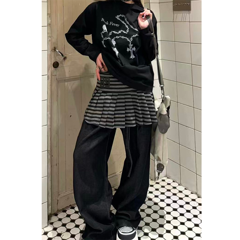 亚文化灰色字母条纹印花秋冬半身裙子辣妹修身显瘦低腰百褶短裙子