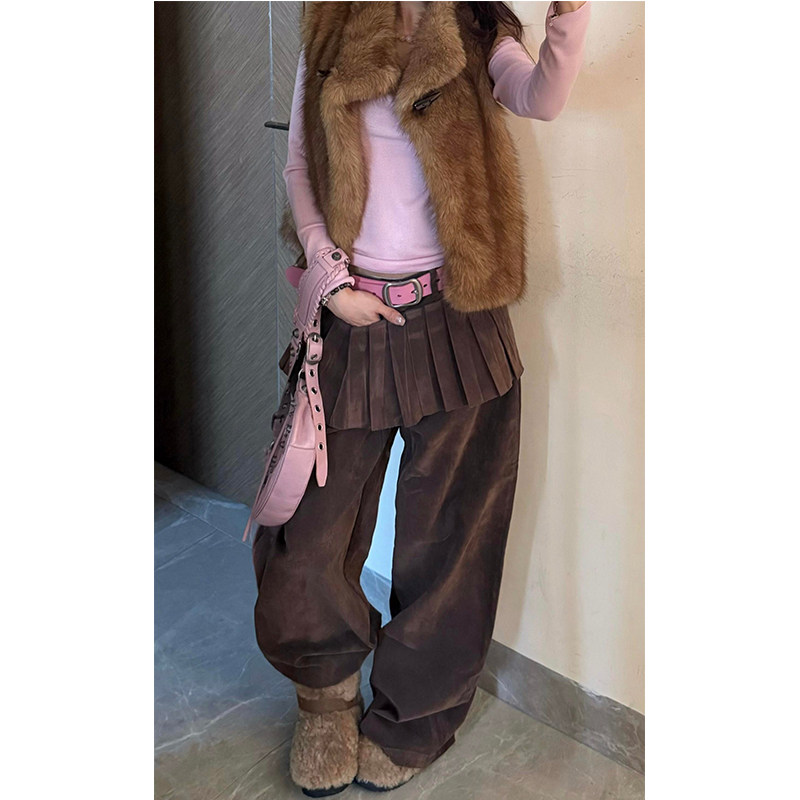 美式复古棕色假两件屁帘裙裤女春秋辣妹设计感低腰显瘦阔腿长裤子,女装/女士精品,休闲裤,淘宝优惠券,粉丝福利购,淘宝优惠卷