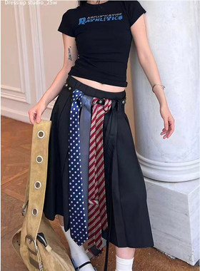 黑色领带拼接百褶半身裙女秋冬新款辣妹街头时尚低腰显瘦中长裙子