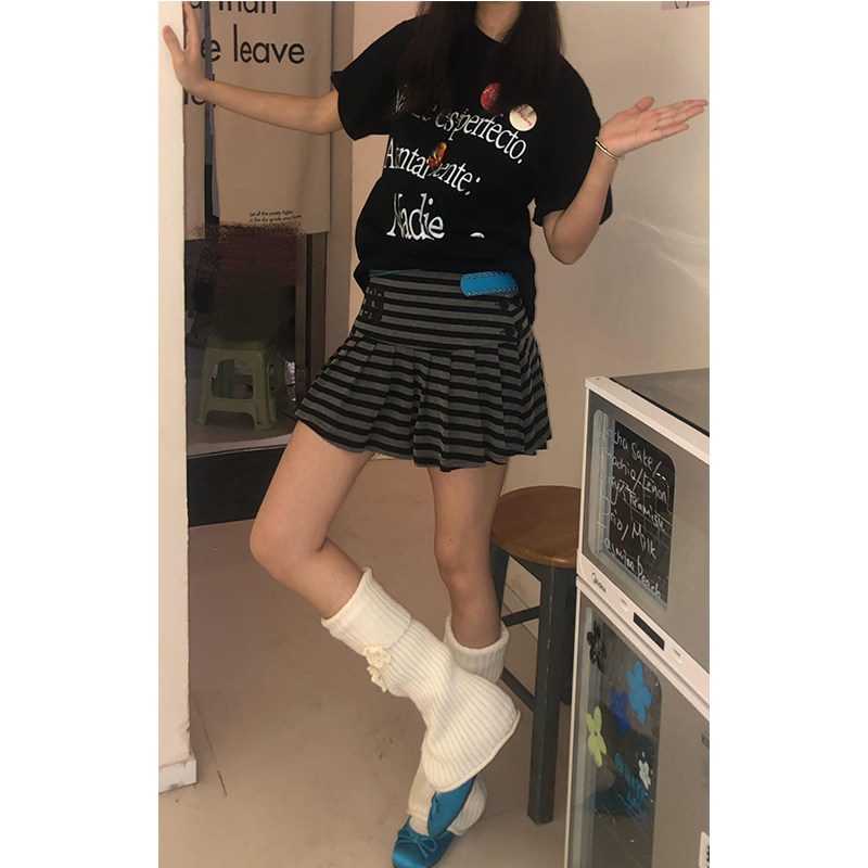 美式复古灰色条纹百褶裙女冬季辣妹时尚设计感修身显瘦低腰半身裙