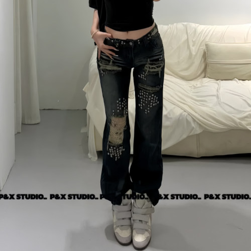 复古高街低腰显瘦破洞牛仔裤女