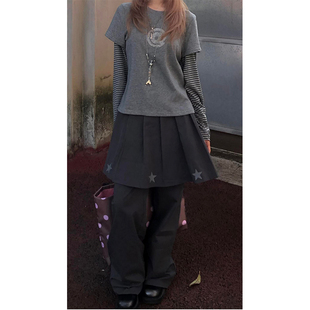 美式复古灰色星星印花屁帘叠穿裙裤春季新款高腰显瘦宽松裤子女款