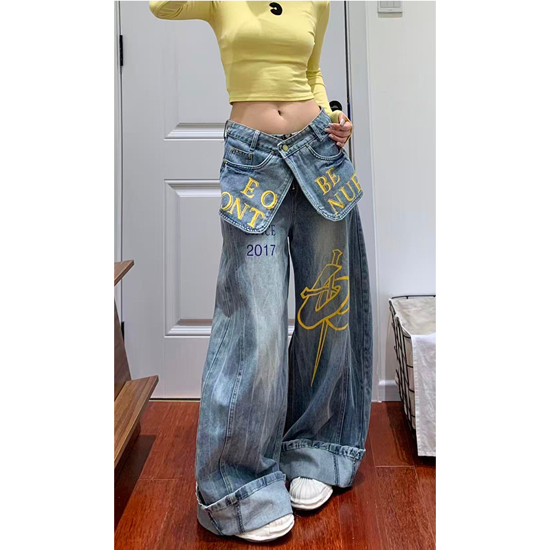 字母刺绣印花假两件拼接牛仔裤