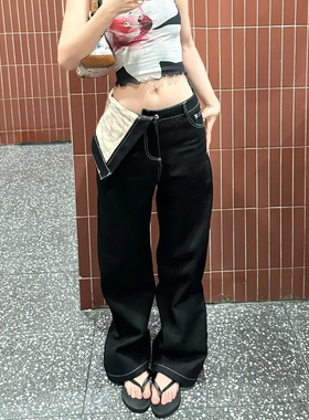 美式字母不规则设计牛仔裤女2025新款冬黑色小众显高好看直筒长裤