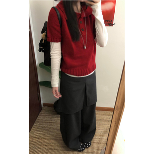 美式复古黑色屁帘假两件裙裤女冬季慵懒高级感时尚修身直筒长裤子