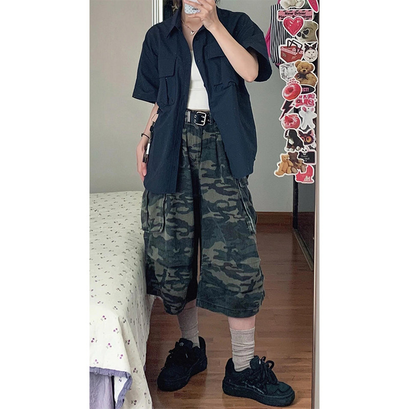 美式迷彩印花阔腿牛仔七分裤冬季街头复古设计感多口袋直筒工装裤,女装/女士精品,牛仔裤,淘宝优惠券,粉丝福利购,淘宝优惠卷