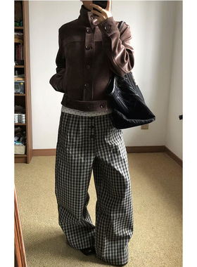 美式复古灰色格纹慵懒松弛感休闲裤子2025秋冬新款宽松显瘦阔腿裤