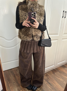 美式复古棕色百褶裙拼接休闲裙裤女春秋新款低腰辣妹时尚阔腿裤子