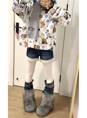 美式复古毛绒拼接牛仔短裤冬新款女辣妹设计感外穿好看毛茸茸热裤