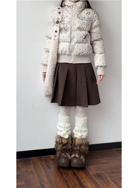 韩系复古棕色灯芯绒百褶半身裙秋冬学院风宽松修身显瘦a字中长裙