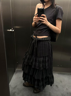美式复古黑白格纹拼接蛋糕裙女2025秋冬新款撞色宽松显瘦半身长裙