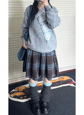 大码美式复古格子毛呢休闲裤女秋冬慵懒风时尚修身显瘦百褶裙裤子