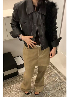 美式复古卡其色屁帘拼接休闲裤子女秋冬新款时尚潮流小众宽松裙裤