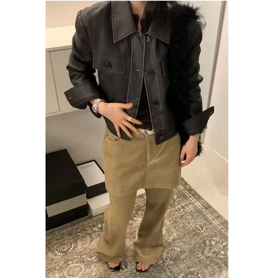 美式复古卡其色屁帘假两件休闲裤