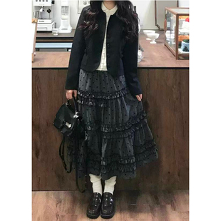 韩系慵懒松弛感黑色波点半身裙冬季 显瘦花边中长裙子 小众气质修身