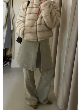 美式复古做旧屁帘拼接西装裙裤女春夏新款高级设计感假两件微喇裤