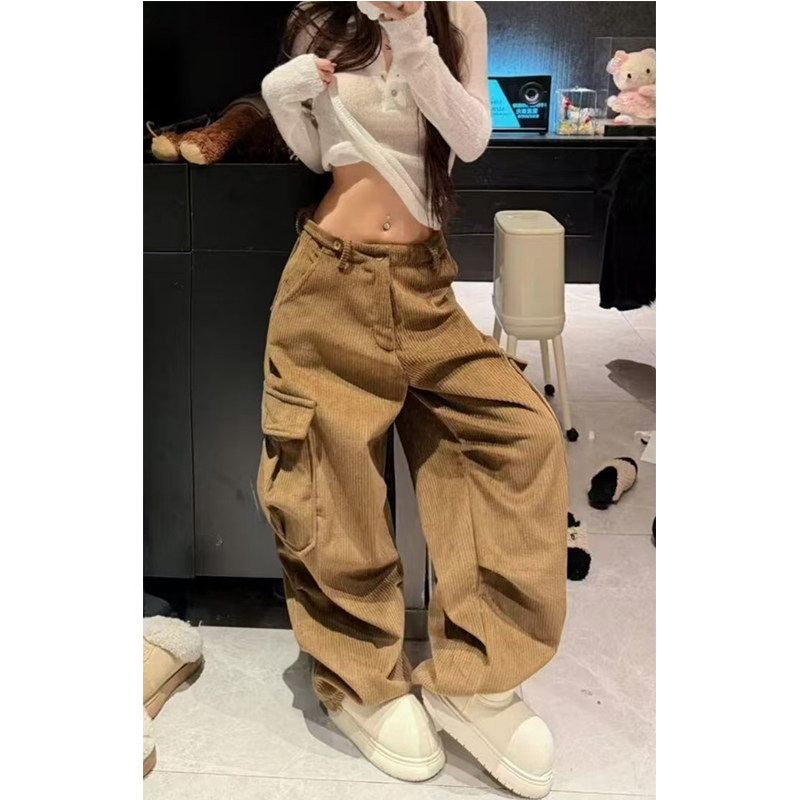 美式复古灯芯绒棕色长裤女冬季慵懒高级感多口袋宽松阔腿休闲长裤,女装/女士精品,休闲裤,淘宝优惠券,粉丝福利购,淘宝优惠卷