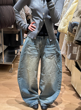 美式复古小众做旧弯刀牛仔裤女冬新款街头宽松折痕显瘦镰刀阔腿裤