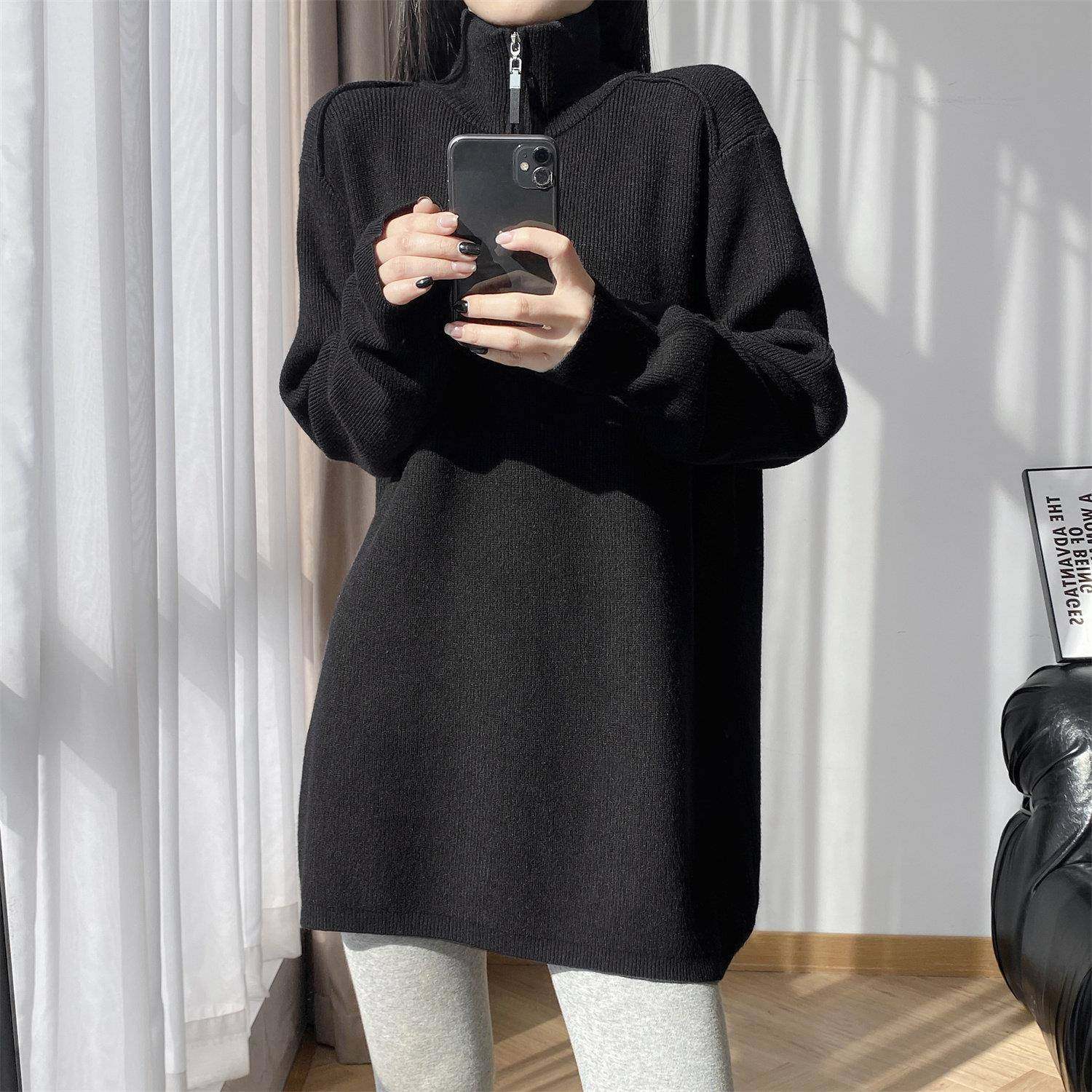 秋冬半拉炼 炼 高领长袖中长版毛衣宽松遮屁股上衣配鲨鱼裤打底针