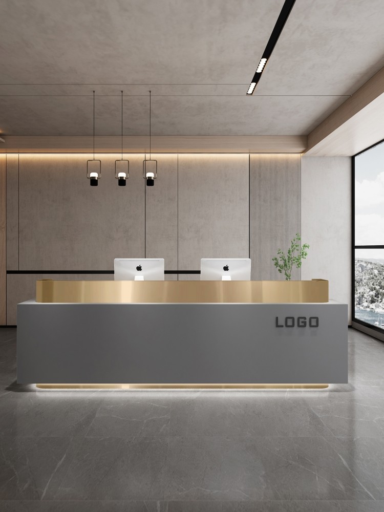 公司酒店前台桌接待台柜台大理石转角烤漆简约不锈钢收银台吧台