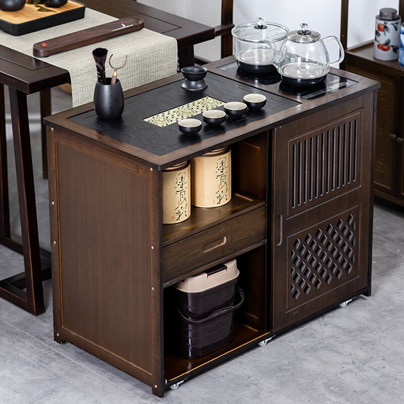 移动茶台实木小茶桌带轮茶几家用茶水柜功夫茶具烧水一体70长移动