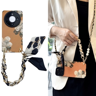 丝巾mate70pro+橙底花朵华为pura70斜挎手机壳适用nova12硅胶9防8摔7女6新5款4高3级11感2奢1华0全g包s超e薄p