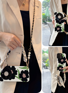 苹果16promax斜挎手机壳iphone15丝巾黑色花适用硅胶14软12壳13全11包plus防mini摔x新s款e女r高7级8时6尚4