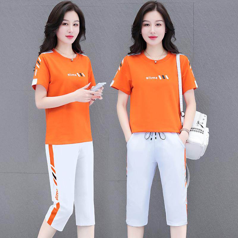 纯棉休闲运动套装女士夏季薄2026新款跑步服妈妈短袖七分裤两件套