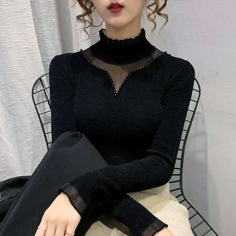 半高领黑色天鹅绒蕾丝拼接打底衫女新款女士修身毛针织衫上衣品质