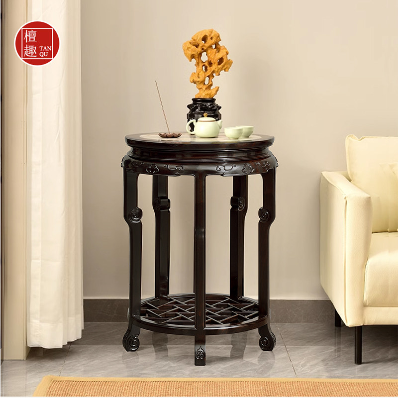 檀趣【紫光檀专卖】镶云石五足圆香几客厅明式花架落地盆景架花几