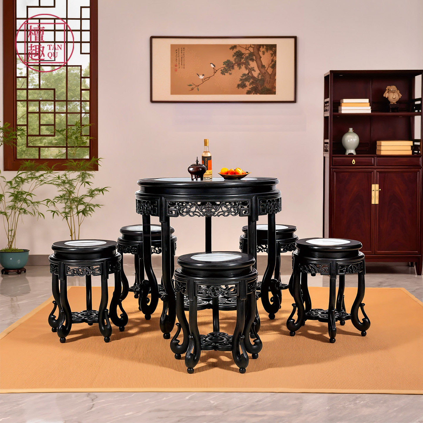 檀趣国标红木家具紫光檀福寿圆台茶桌椅组合中式餐厅圆桌仿古茶台