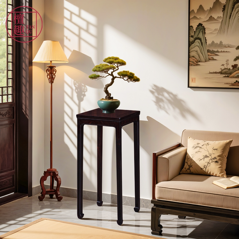 檀趣【紫光檀专卖】中式仿古落地置物花架花几方几马蹄足小方香几