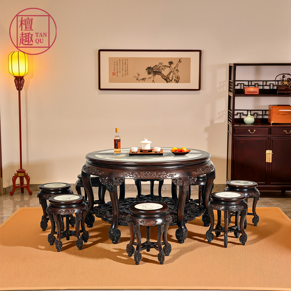 檀趣红木家具黑檀大理石福寿拼圆桌餐桌凳组合半圆台仿古中式餐厅