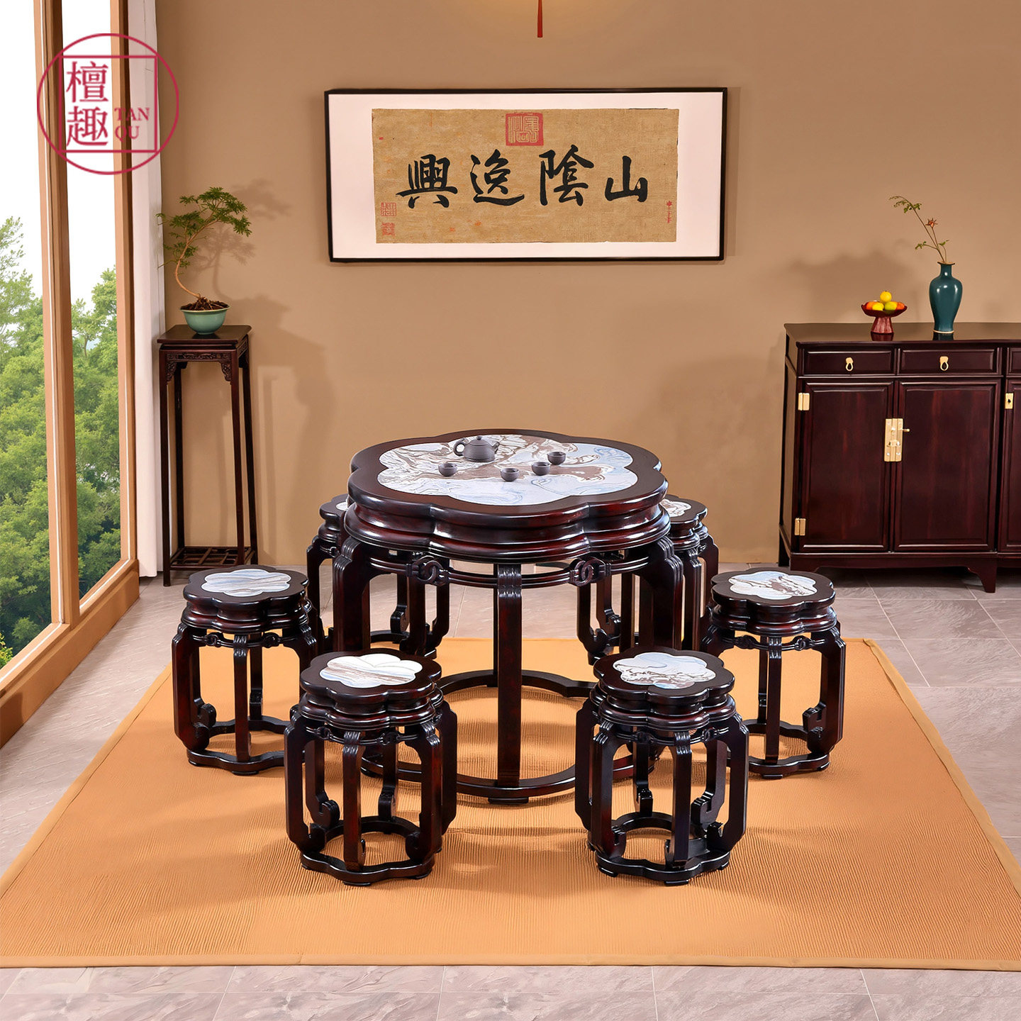 檀趣红木家具赞比亚血檀梅花鼓台茶桌椅组合中式餐厅圆桌圆台饭桌