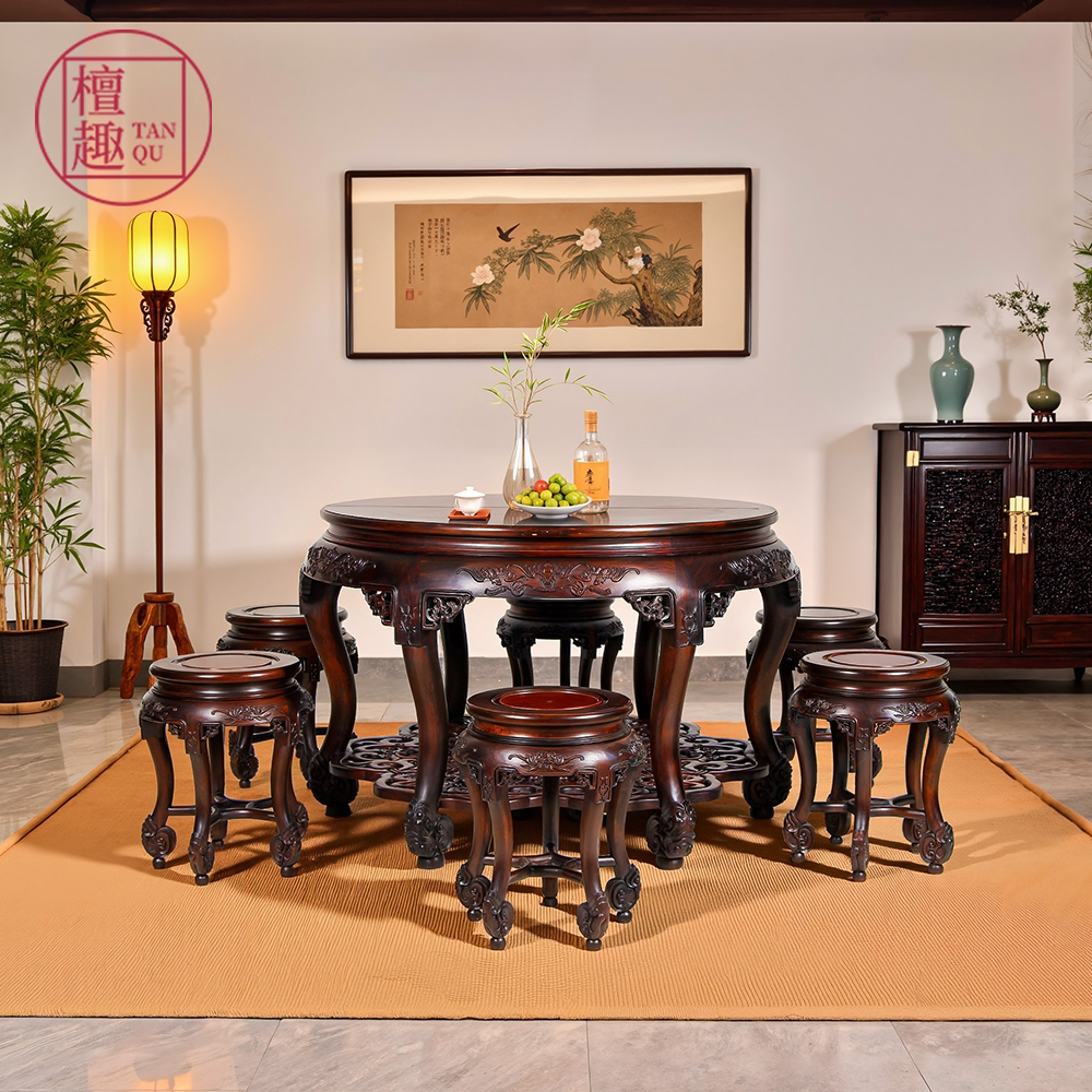 檀趣国标红木家具大红酸枝福禄寿拼圆桌餐桌凳组合中式餐厅圆台