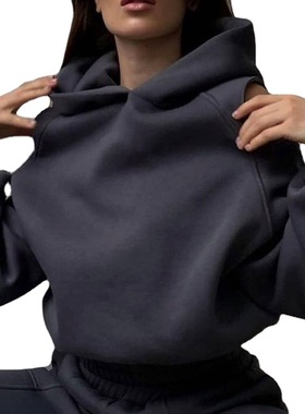 women winter coat+long pants 2022纯色连帽衫卫衣高腰休闲套装